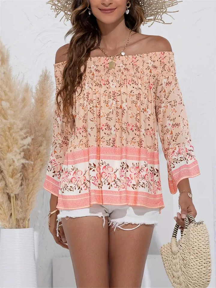 Blommig Blus, off shoulder, långärmad, boho-stil, sommartoppar
