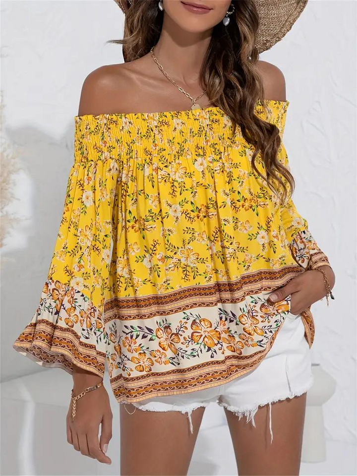 Blommig Blus, off shoulder, långärmad, boho-stil, sommartoppar