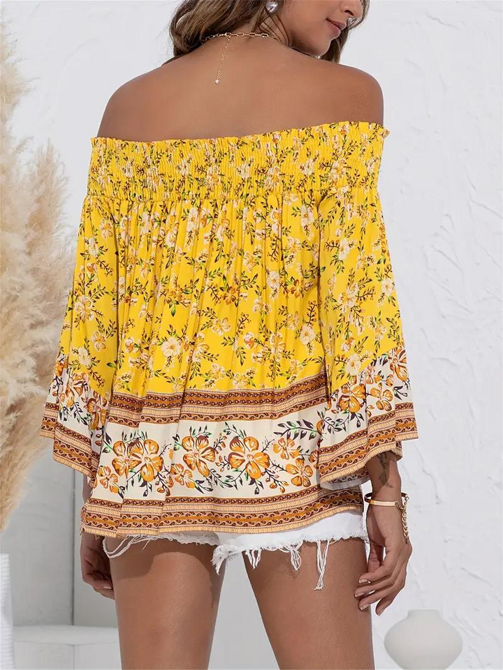 Blommig Blus, off shoulder, långärmad, boho-stil, sommartoppar