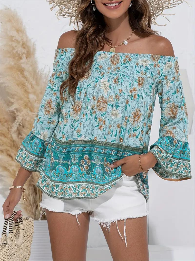 Blommig Blus, off shoulder, långärmad, boho-stil, sommartoppar
