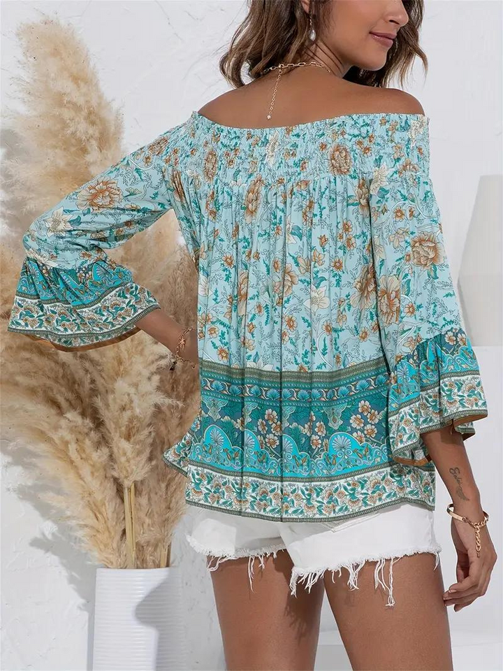 Blommig Blus, off shoulder, långärmad, boho-stil, sommartoppar