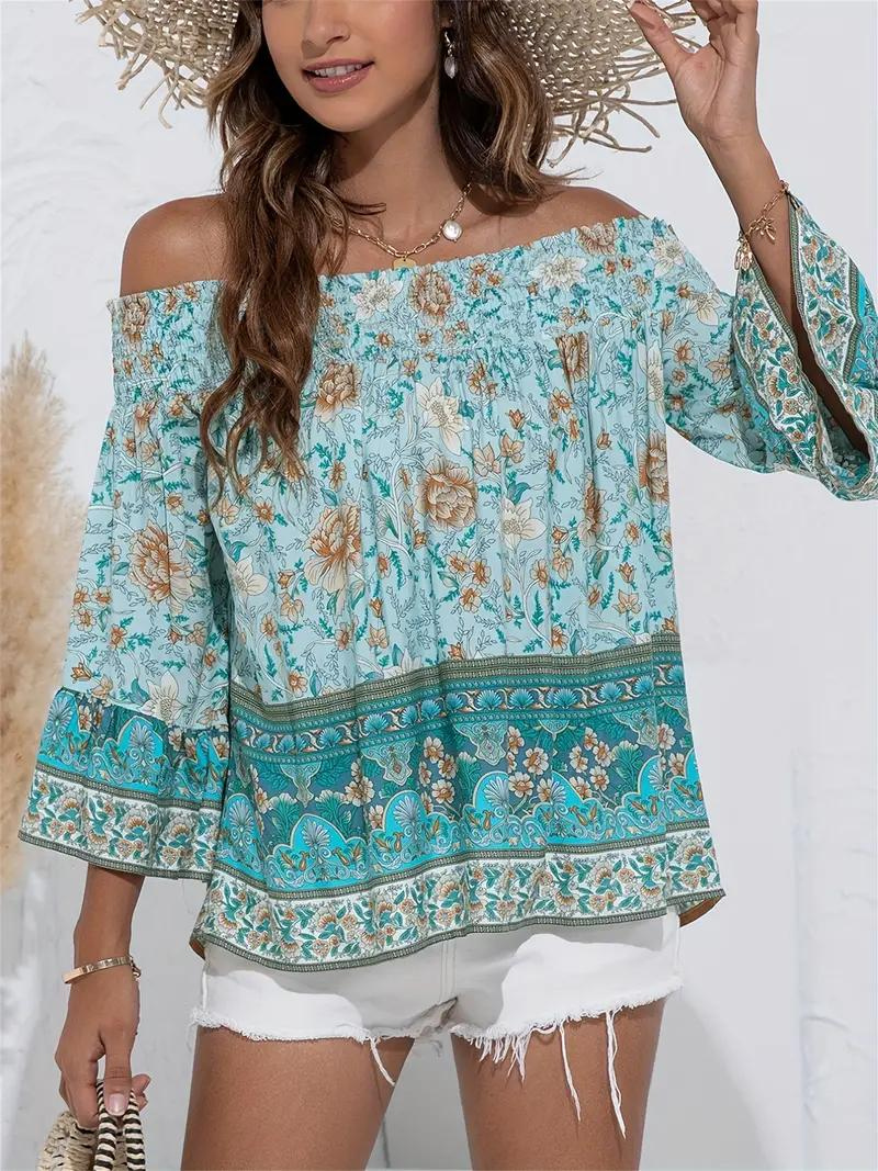 Blommig Blus, off shoulder, långärmad, boho-stil, sommartoppar