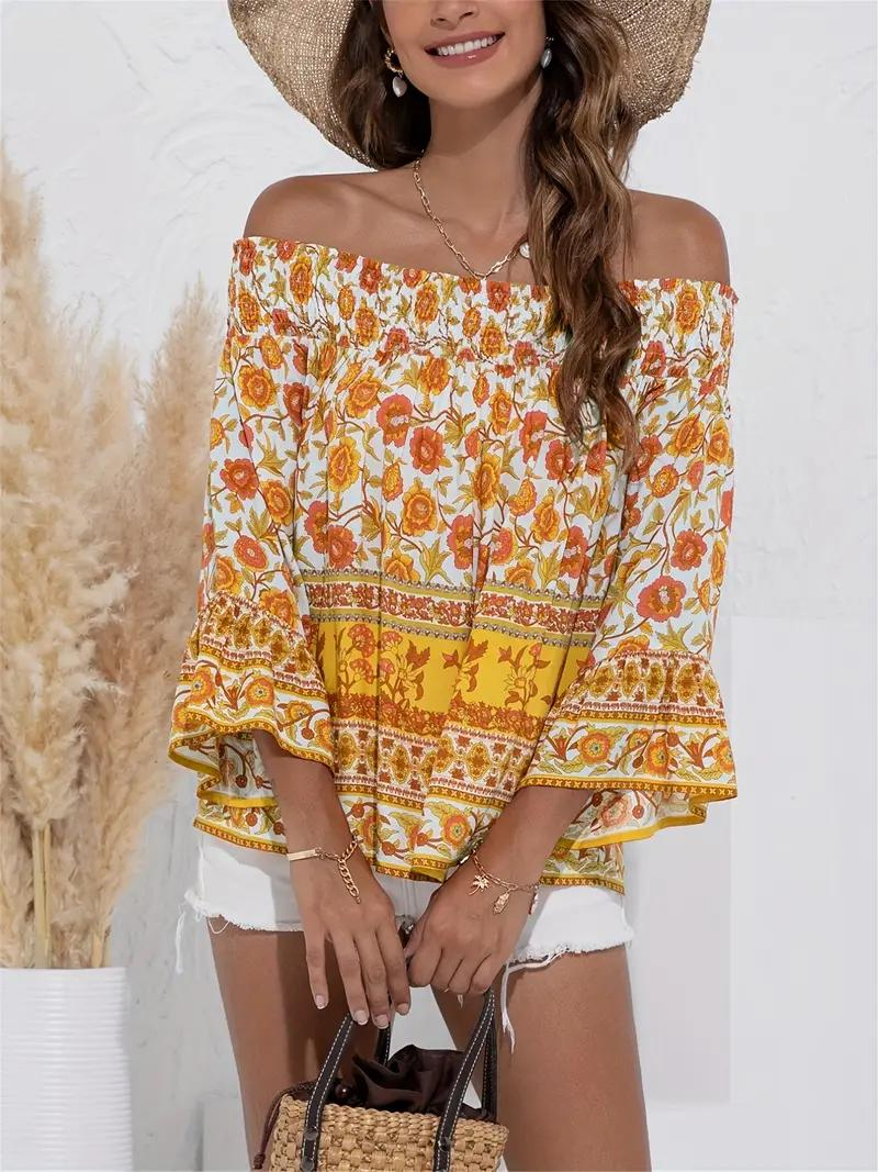 Blommig Blus, off shoulder, långärmad, boho-stil, sommartoppar