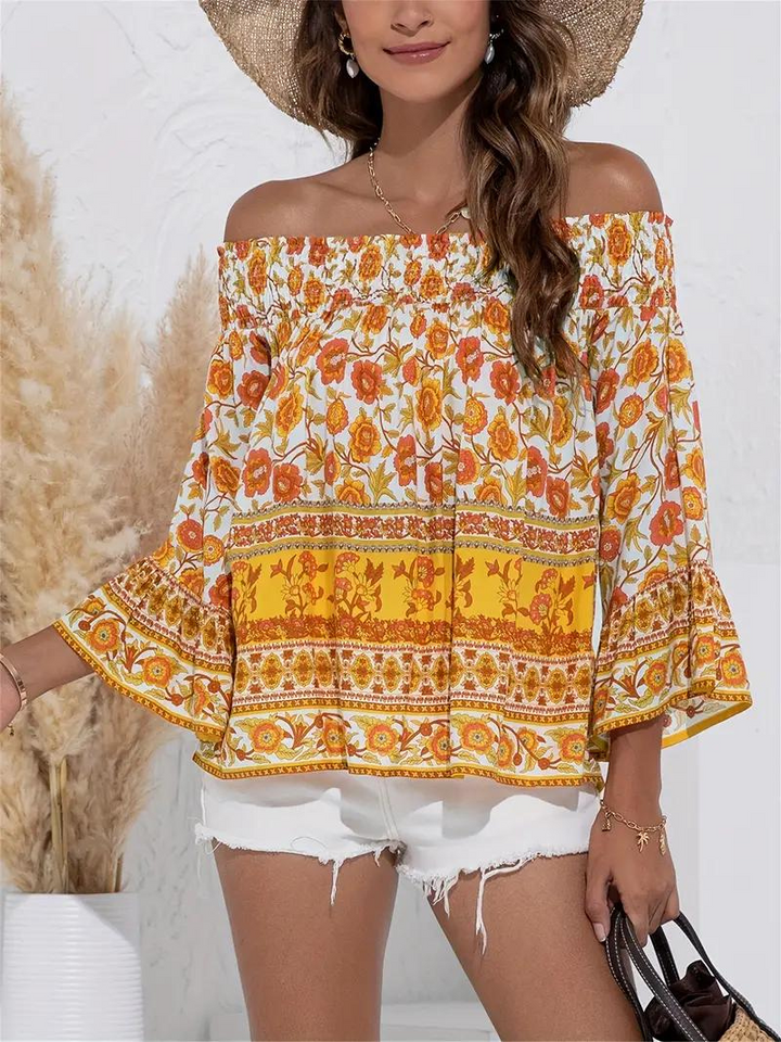 Blommig Blus, off shoulder, långärmad, boho-stil, sommartoppar
