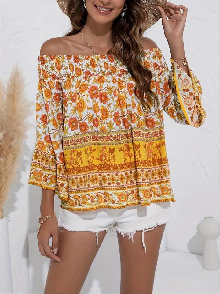 Blommig Blus, off shoulder, långärmad, boho-stil, sommartoppar