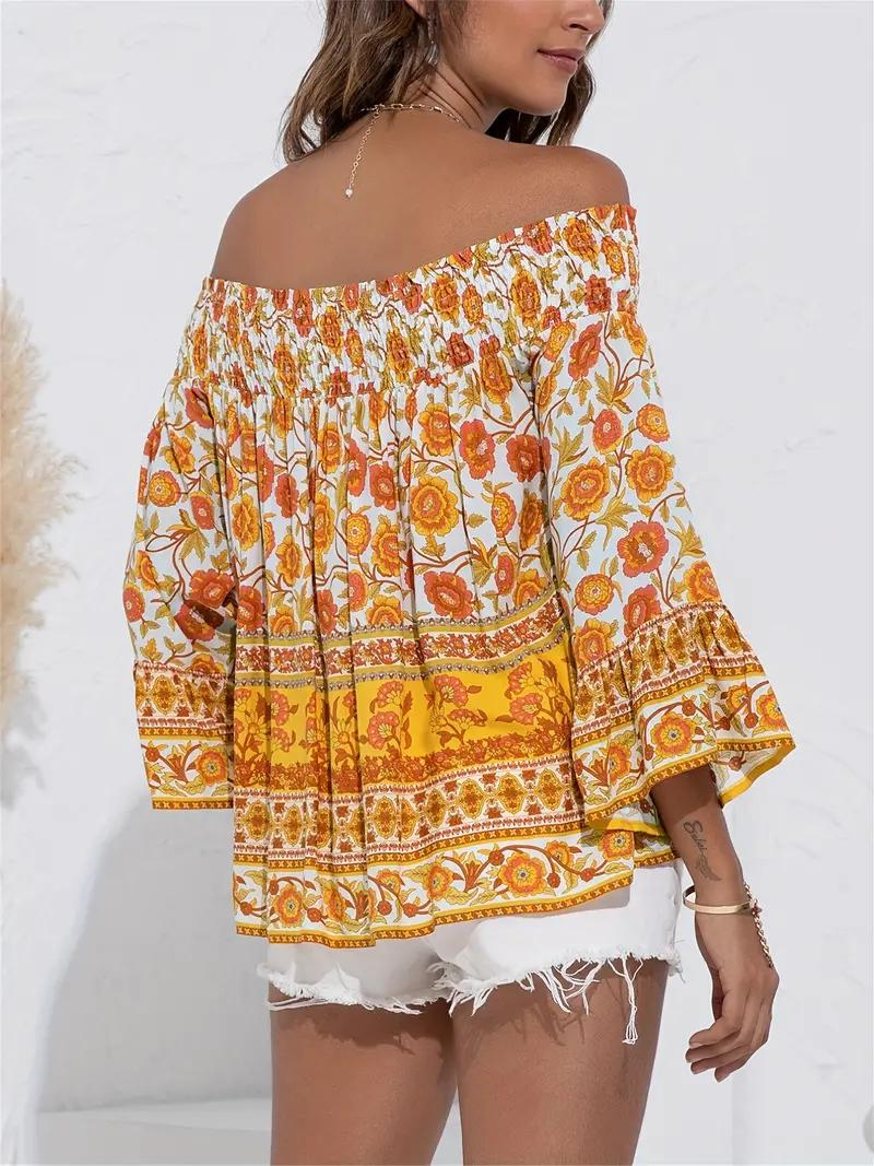 Blommig Blus, off shoulder, långärmad, boho-stil, sommartoppar