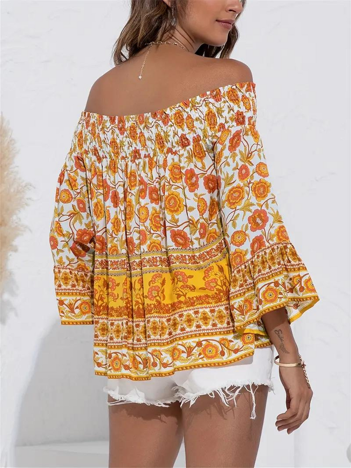 Blommig Blus, off shoulder, långärmad, boho-stil, sommartoppar