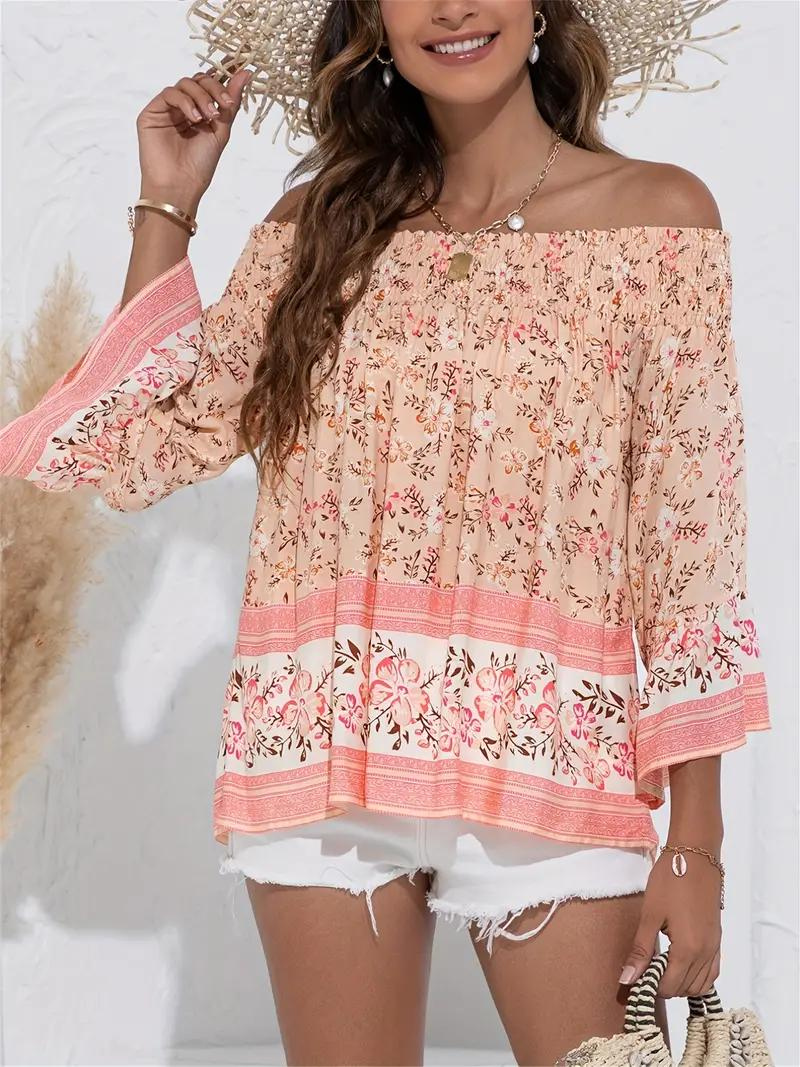 Blommig Blus, off shoulder, långärmad, boho-stil, sommartoppar