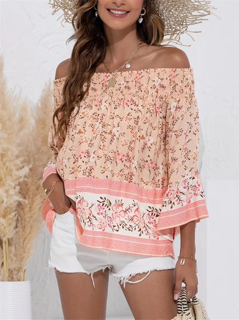 Blommig Blus, off shoulder, långärmad, boho-stil, sommartoppar