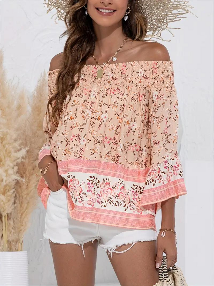 Blommig Blus, off shoulder, långärmad, boho-stil, sommartoppar