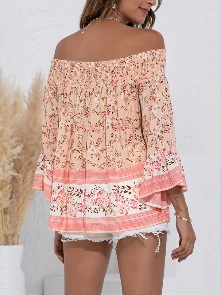 Blommig Blus, off shoulder, långärmad, boho-stil, sommartoppar