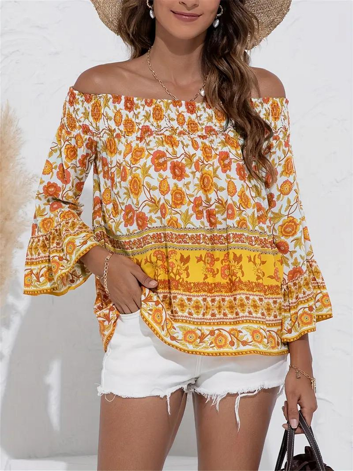 Blommig Blus, off shoulder, långärmad, boho-stil, sommartoppar