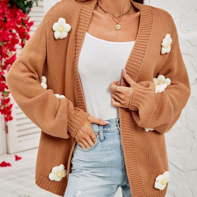 Blommig Cardigan - Oversized - Öppen fram - Stickad Cardigan - Cardigan för kvinnor