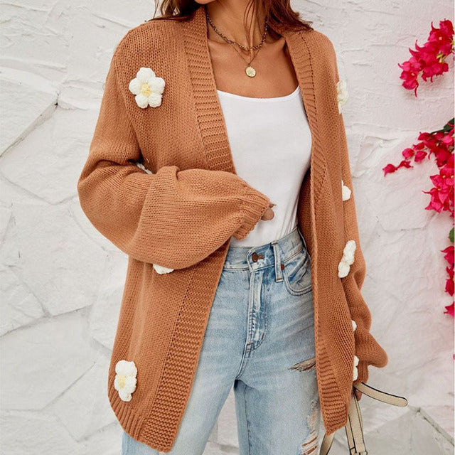 Blommig Cardigan - Oversized - Öppen fram - Stickad Cardigan - Cardigan för kvinnor