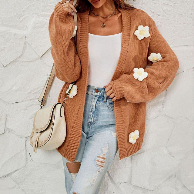 Blommig Cardigan - Oversized - Öppen fram - Stickad Cardigan - Cardigan för kvinnor
