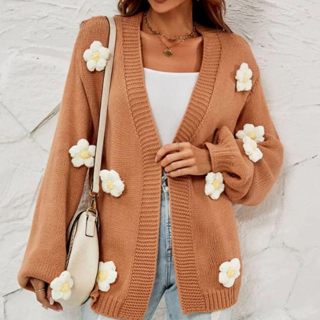 Blommig Cardigan - Oversized - Öppen fram - Stickad Cardigan - Cardigan för kvinnor