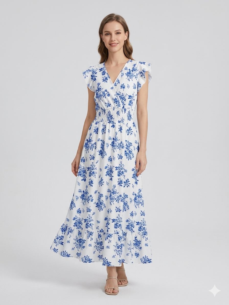 Blommig Klänning - Midi - Midja med rynkad midja - Sommarklänning - Sundresses