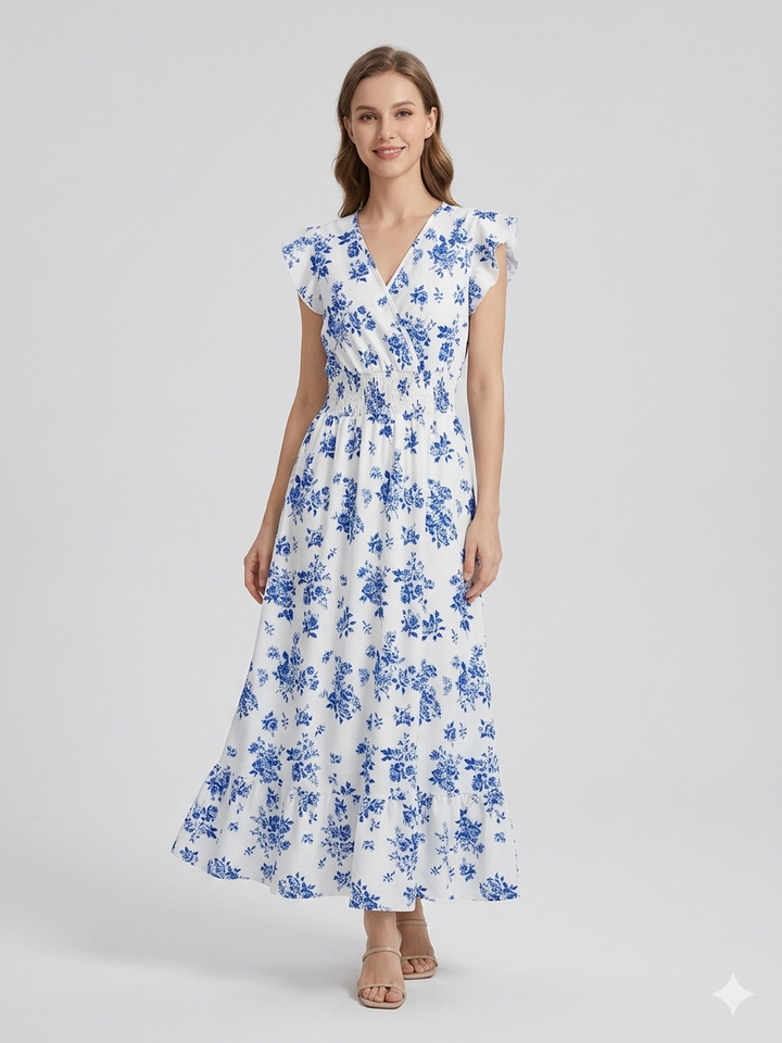 Blommig Klänning - Midi - Midja med rynkad midja - Sommarklänning - Sundresses
