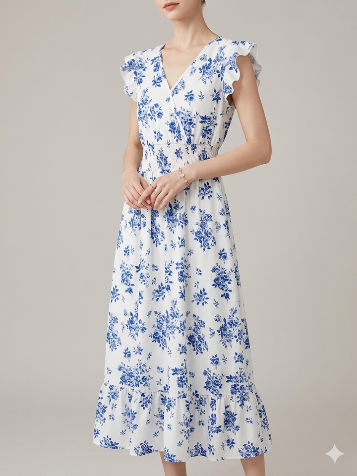 Blommig Klänning - Midi - Midja med rynkad midja - Sommarklänning - Sundresses