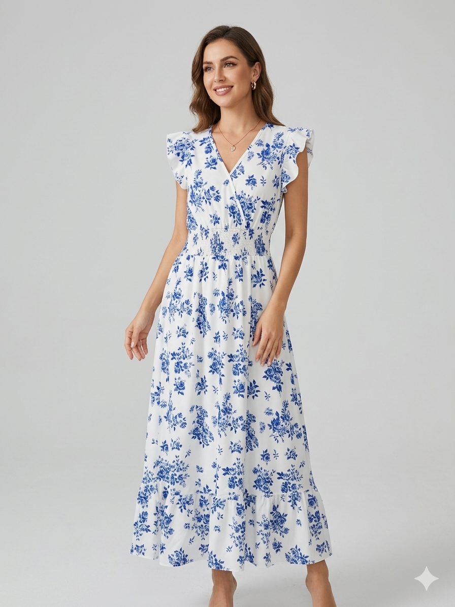 Blommig Klänning - Midi - Midja med rynkad midja - Sommarklänning - Sundresses