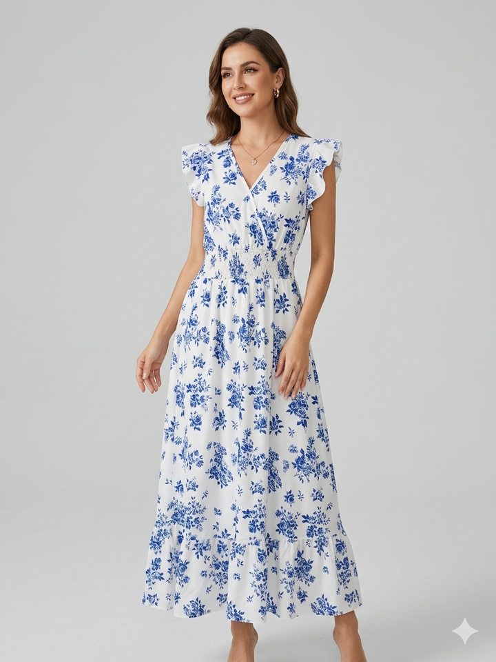 Blommig Klänning - Midi - Midja med rynkad midja - Sommarklänning - Sundresses