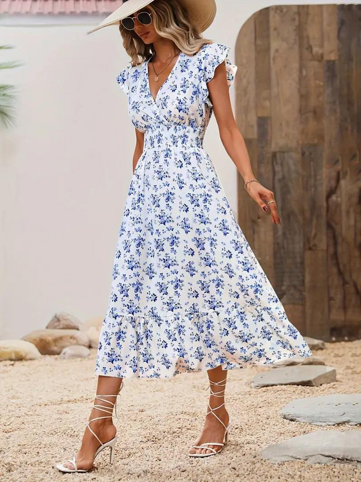 Blommig Klänning - Midi - Midja med rynkad midja - Sommarklänning - Sundresses