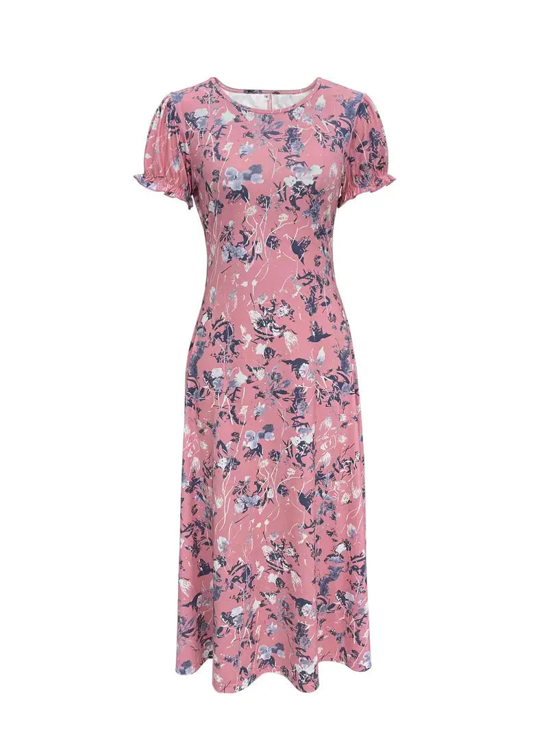 Blommig klänning, Kortärmad, Rund hals, Lång klänning, Sommarklänning