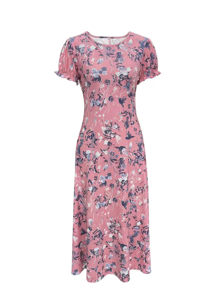Blommig klänning, Kortärmad, Rund hals, Lång klänning, Sommarklänning