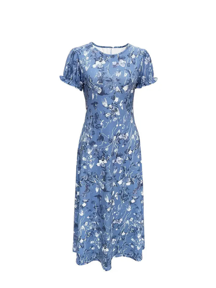 Blommig klänning, Kortärmad, Rund hals, Lång klänning, Sommarklänning