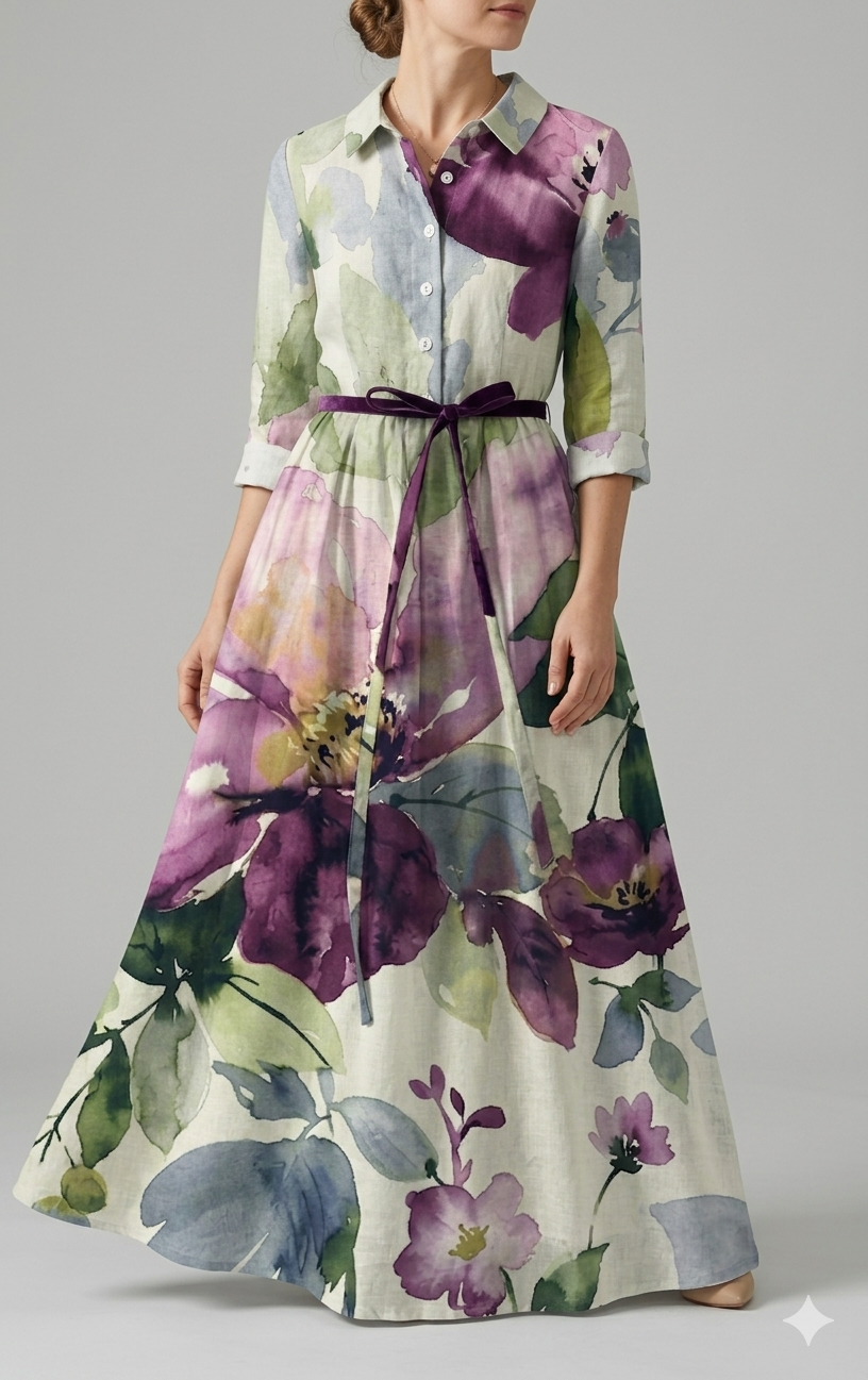 Blommig klänning - Vintage Maxi Sundress med krage för kvinnor