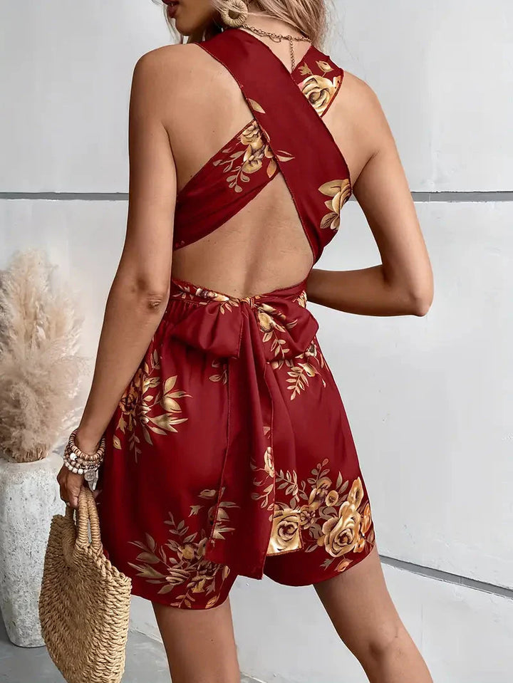 Blommig playsuit, V-hals, Rygglös, Party-jumpsuit, Sommar-jumpsuit