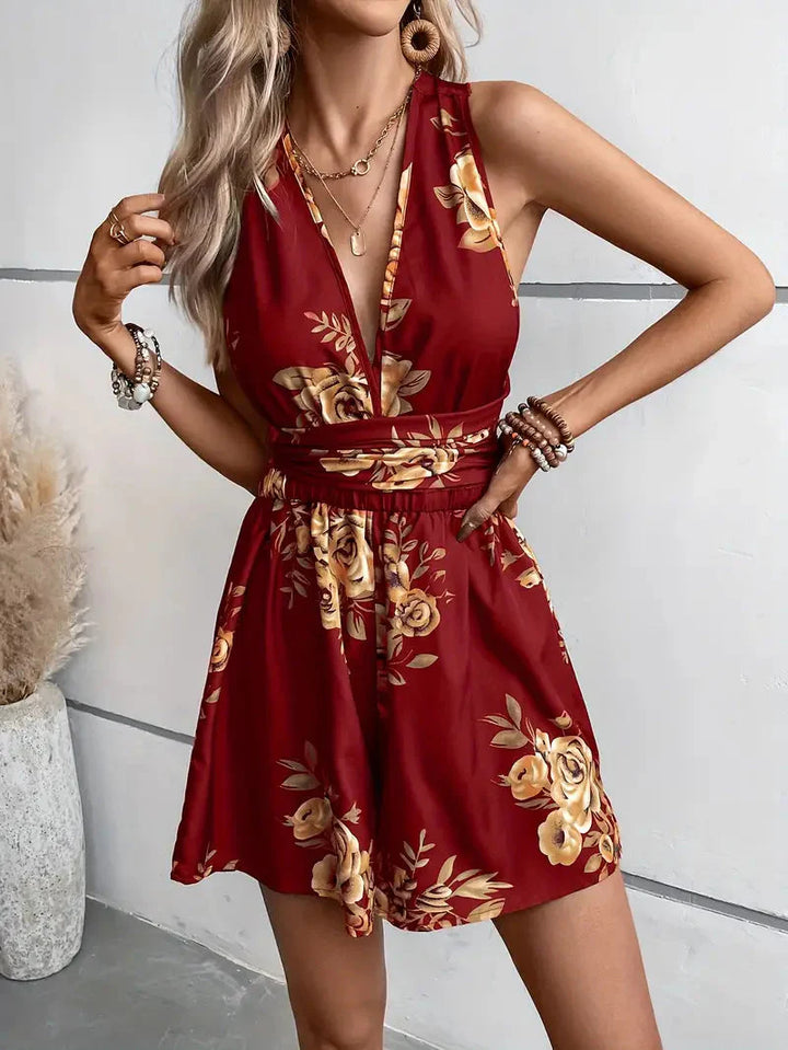 Blommig playsuit, V-hals, Rygglös, Party-jumpsuit, Sommar-jumpsuit