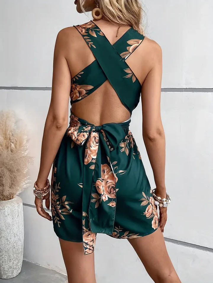 Blommig playsuit, V-hals, Rygglös, Party-jumpsuit, Sommar-jumpsuit