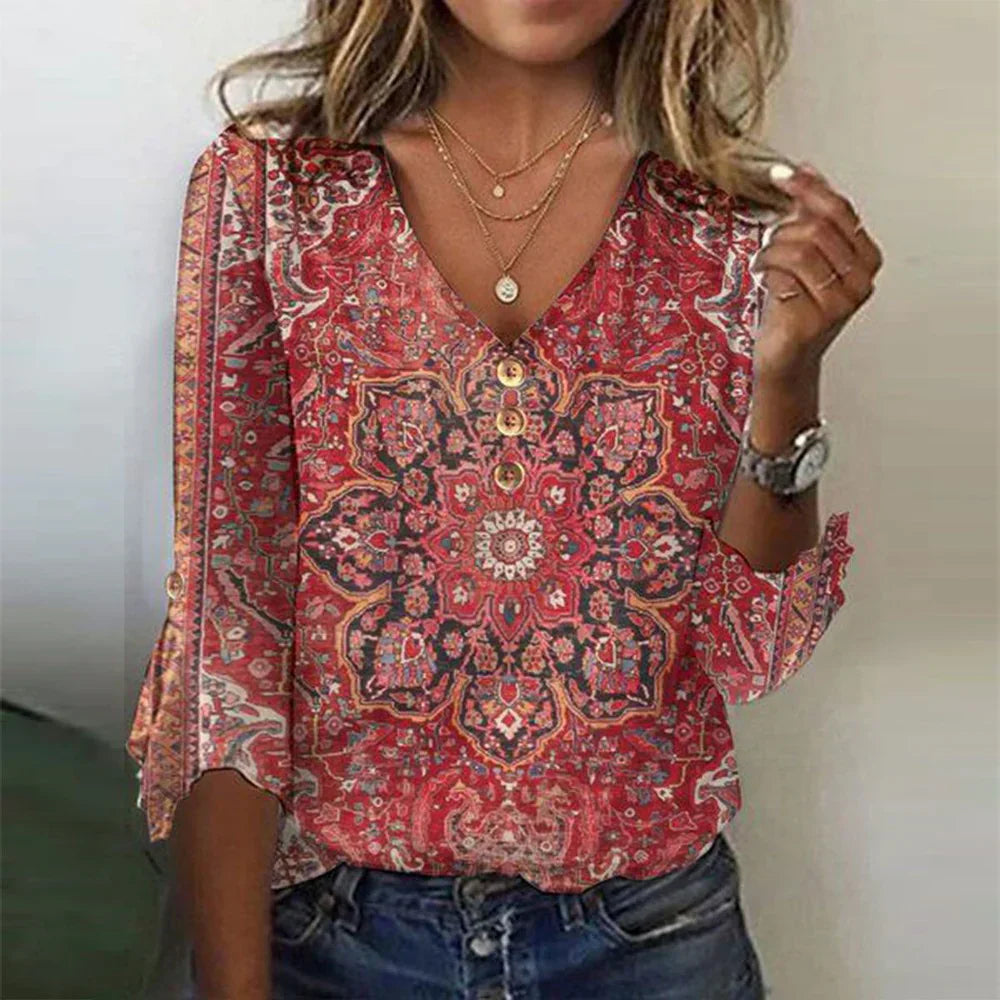 Blus | 3/4 ärm | V-hals | Boho Blus | Damkläder