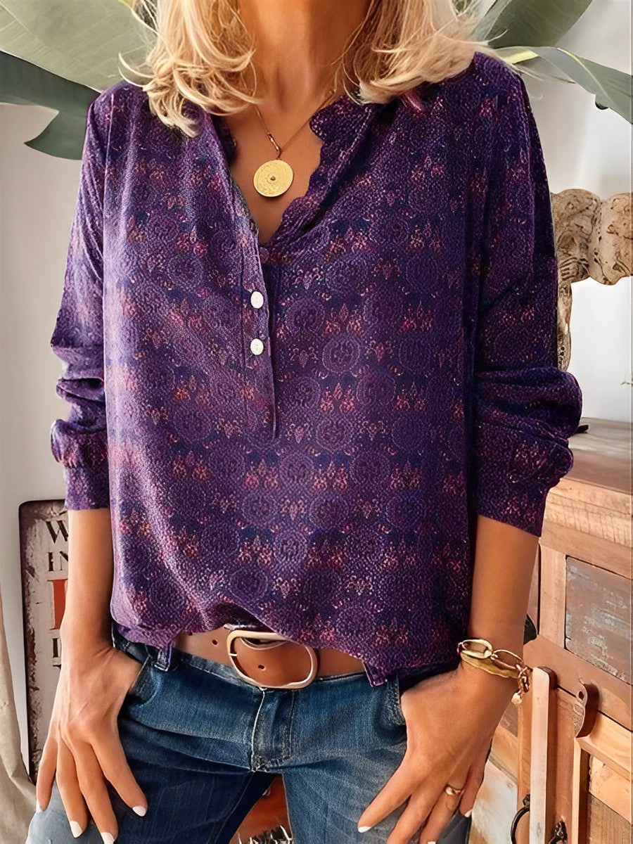Blus - Långärmad V-Neckad Vintage-Blus för Kvinnor