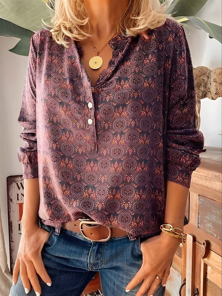 Blus - Långärmad V-Neckad Vintage-Blus för Kvinnor