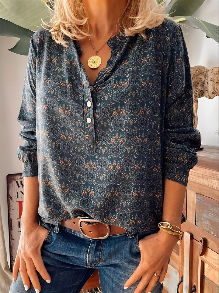 Blus - Långärmad V-Neckad Vintage-Blus för Kvinnor