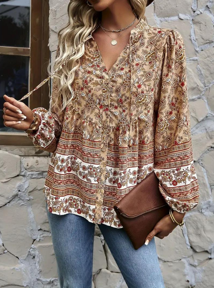 Boho-Blus, blommönster, långärmad, damkläder, lös passform