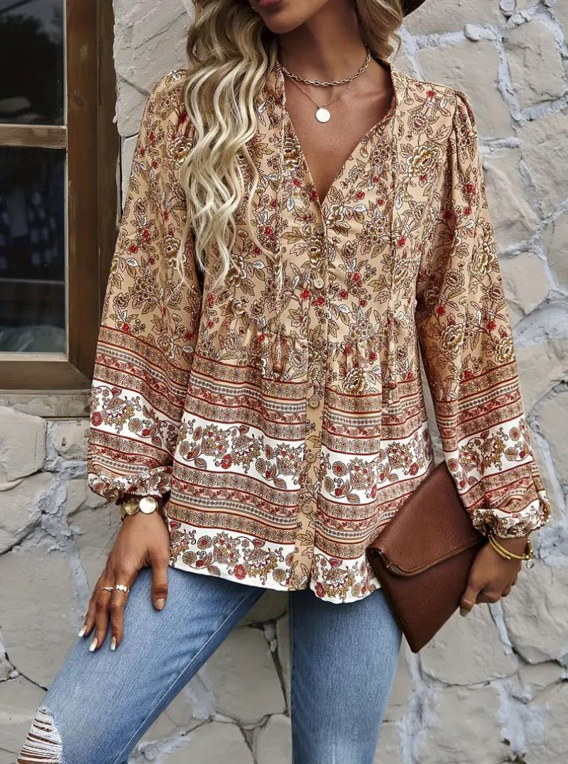 Boho-Blus, blommönster, långärmad, damkläder, lös passform