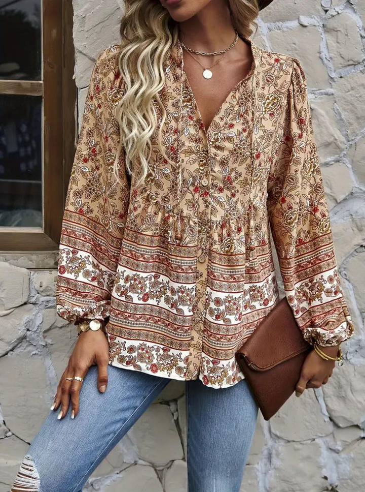 Boho-Blus, blommönster, långärmad, damkläder, lös passform
