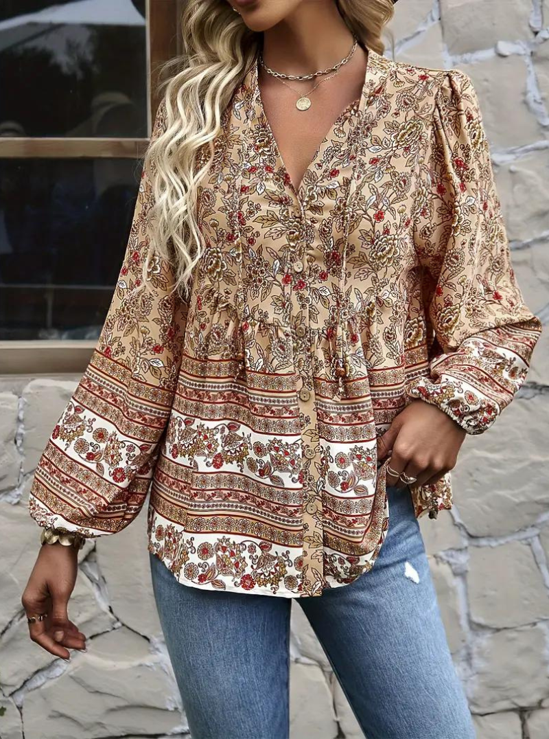 Boho-Blus, blommönster, långärmad, damkläder, lös passform