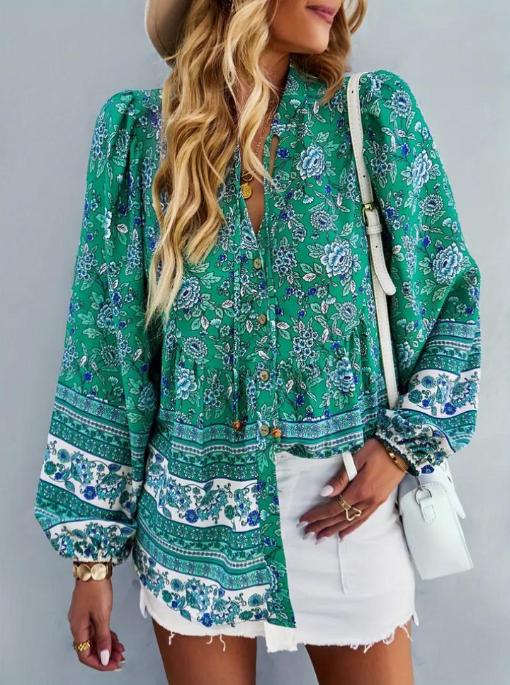 Boho-Blus, blommönster, långärmad, damkläder, lös passform