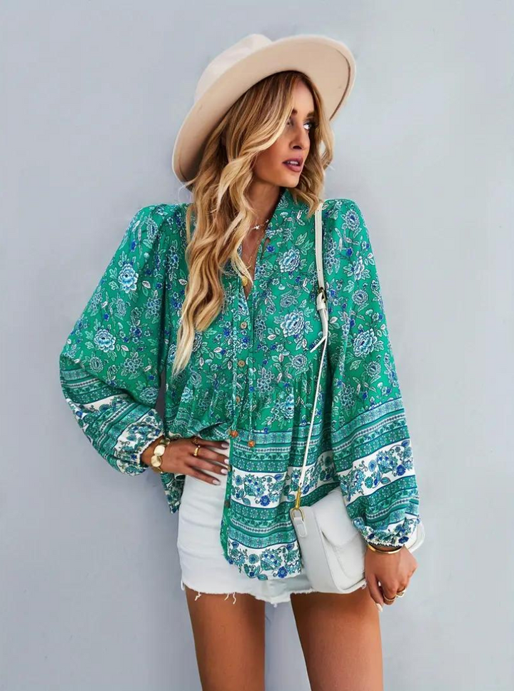 Boho-Blus, blommönster, långärmad, damkläder, lös passform
