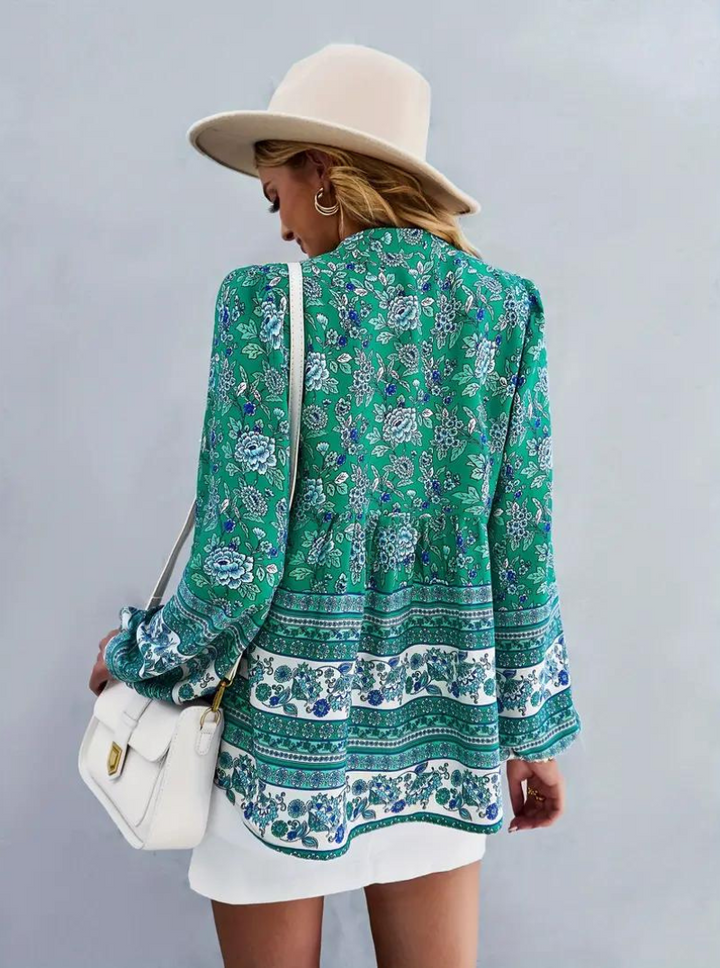Boho-Blus, blommönster, långärmad, damkläder, lös passform