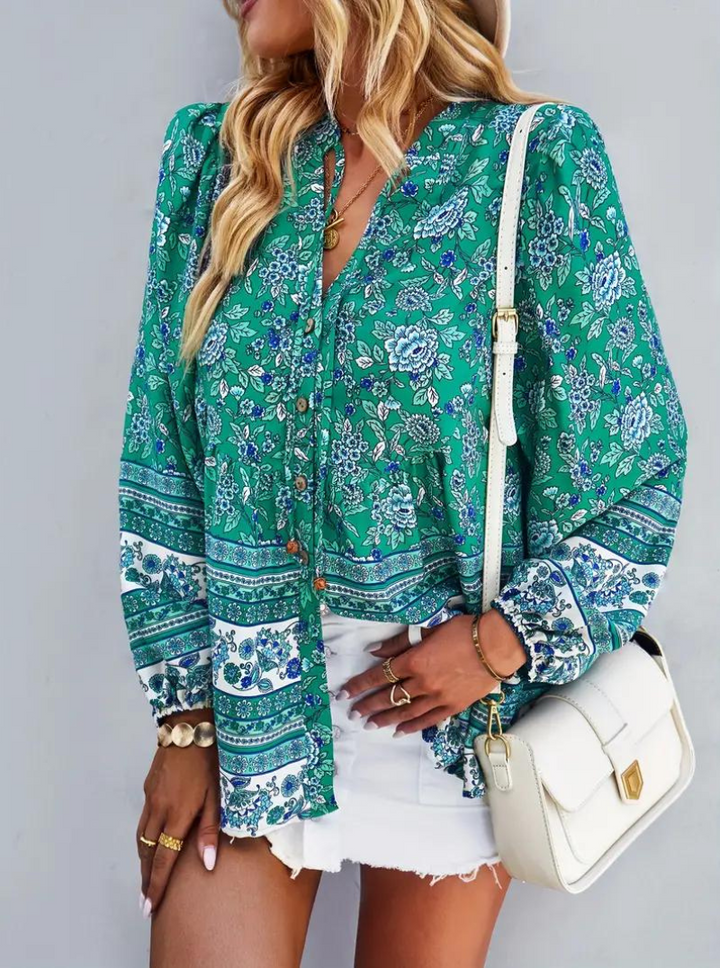 Boho-Blus, blommönster, långärmad, damkläder, lös passform