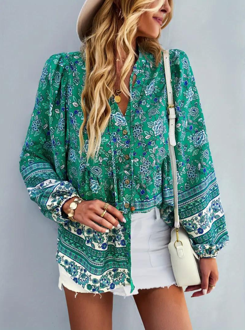Boho-Blus, blommönster, långärmad, damkläder, lös passform