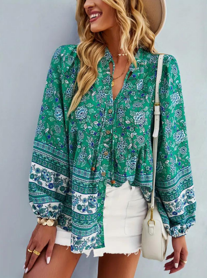 Boho-Blus, blommönster, långärmad, damkläder, lös passform