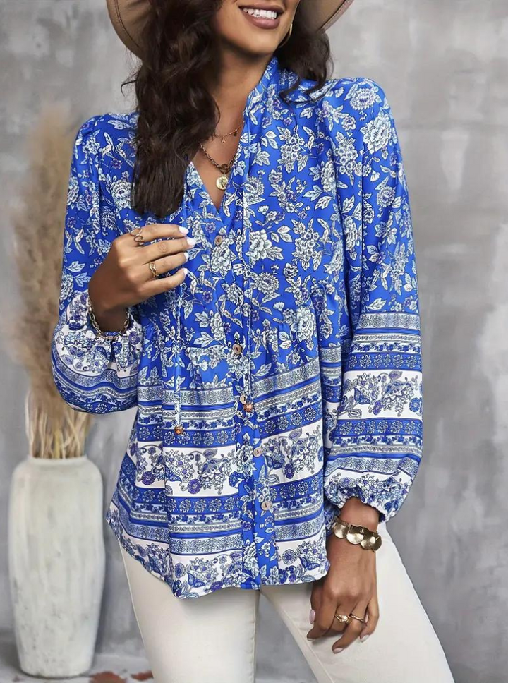 Boho-Blus, blommönster, långärmad, damkläder, lös passform