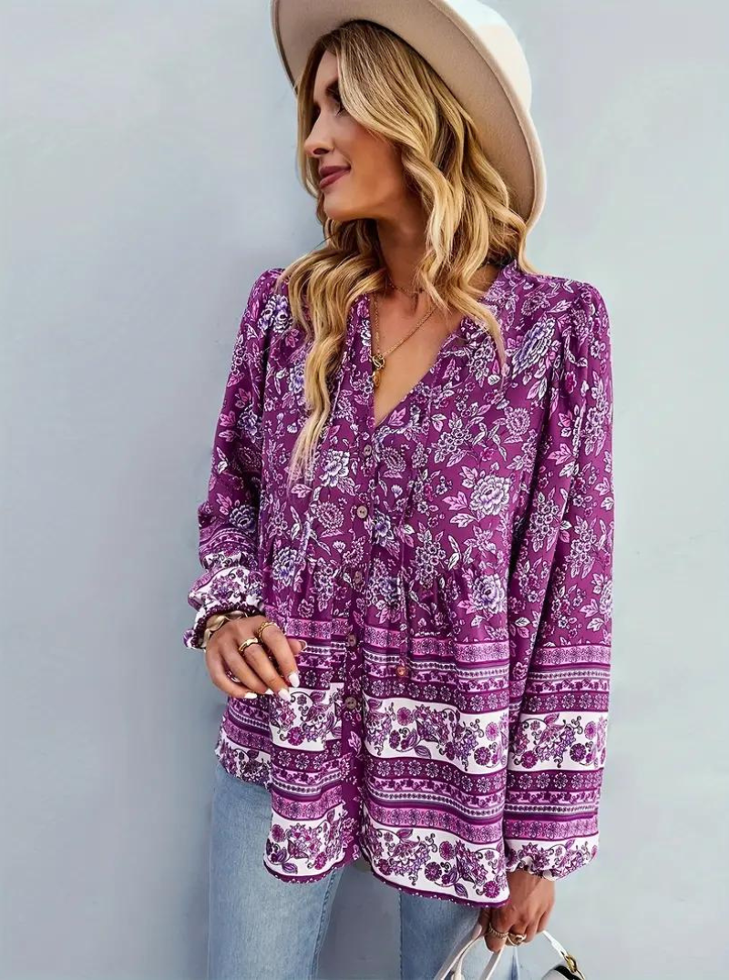 Boho-Blus, blommönster, långärmad, damkläder, lös passform