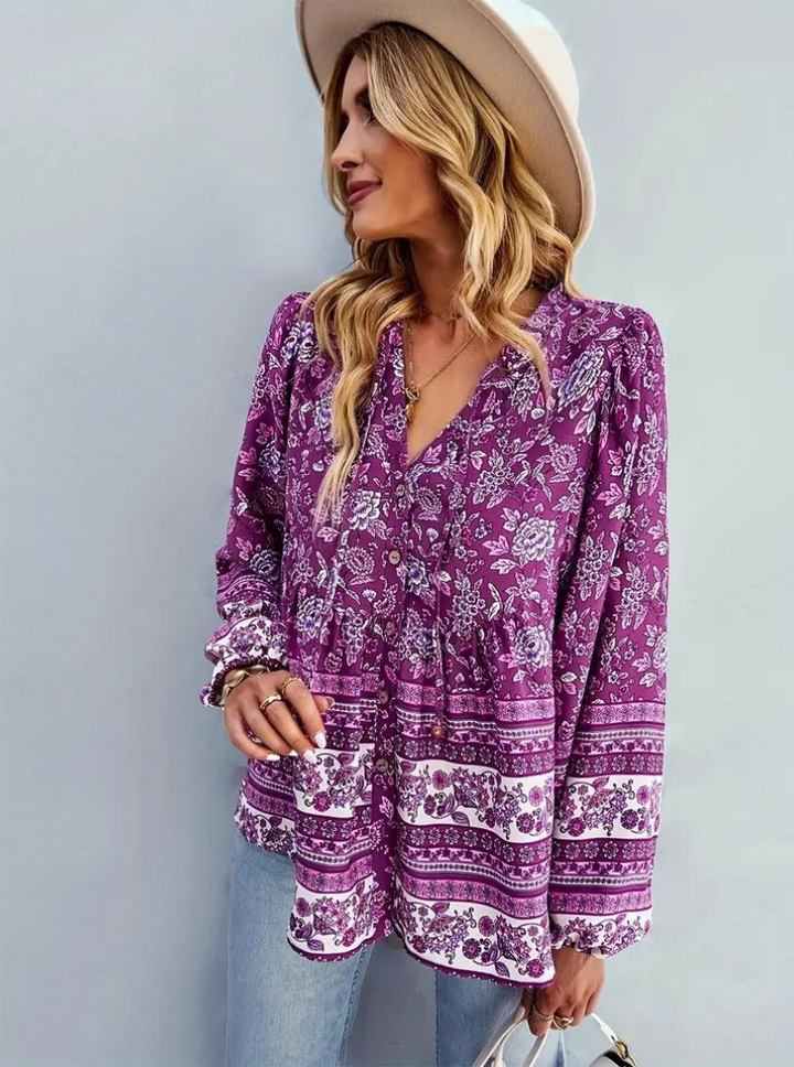 Boho-Blus, blommönster, långärmad, damkläder, lös passform